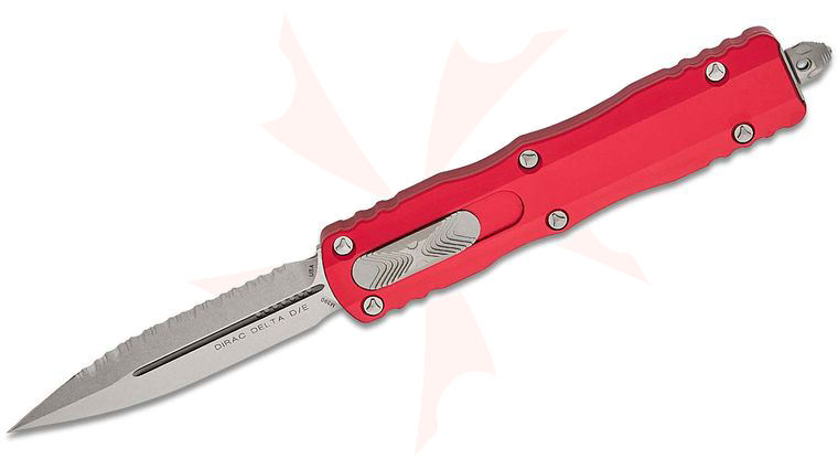 Microtech 227-12RD Dirac Delta AUTO OTF Knife 3.79 inch Stonewashed Plain/Serrated Double Edge Dagger Blade, Red Aluminum Handles