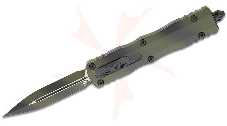 Microtech 227-1ODWPS Signature Series Dirac Delta AUTO OTF Knife 3.79 inch OD Green War Paint Double Edge Dagger Blade and Deep Engraved Aluminum Handles