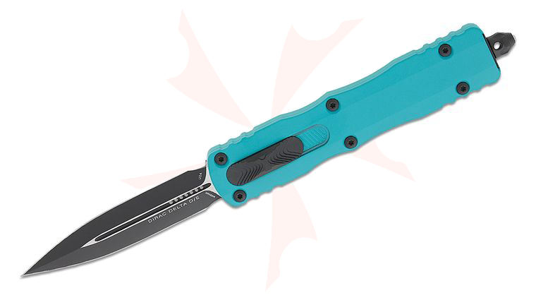 Microtech 227-1CN Dirac Delta AUTO OTF Knife 3.79 inch Black DLC Double Edge Dagger Blade, Cyan Aluminum Handles