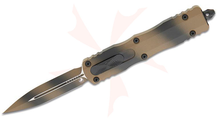Microtech 227-1TAWPS Signature Series Dirac Delta AUTO OTF Knife 3.79 inch Tan War Paint Double Edge Dagger Blade and Deep Engraved Aluminum Handles