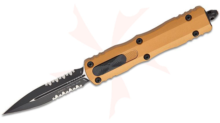 Microtech 227-2TA Dirac Delta Tactical AUTO OTF Knife 3.79 inch Black Double Combo Edge Dagger Blade, Tan Aluminum Handles
