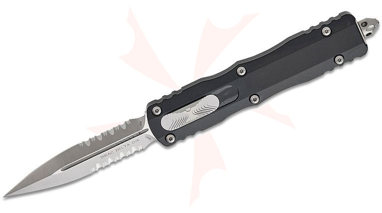 Microtech 227-6 Dirac Delta AUTO OTF Knife 3.79 inch Satin Double Combo Edge Dagger Blade, Black Aluminum Handles