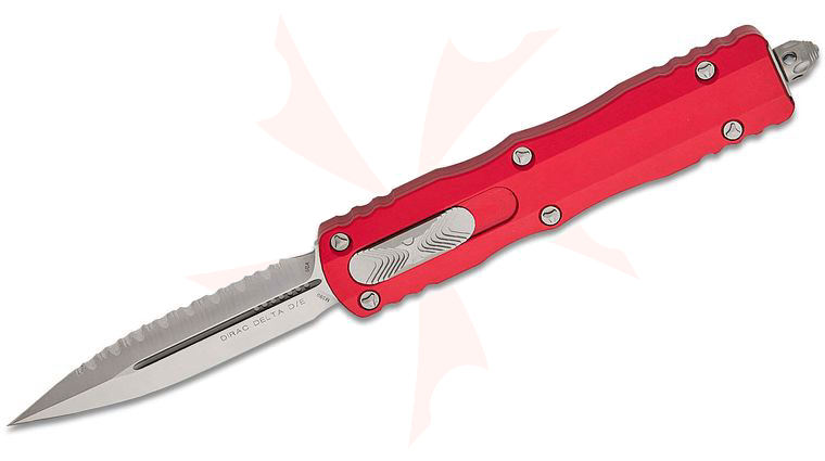 Microtech 227-6RD Dirac Delta AUTO OTF Knife 3.79 inch Satin Plain/Serrated Double Edge Dagger Blade, Red Aluminum Handles