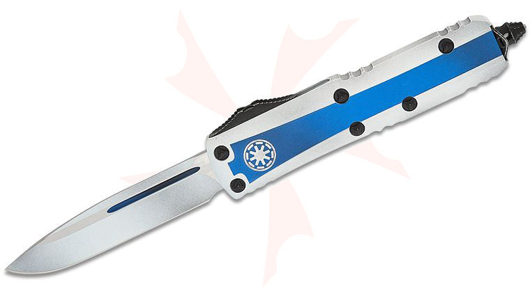 Microtech 231-1CO Clone Trooper UTX-85 AUTO OTF Knife 3 inch White Drop Point Plain Blade, Blue and White Aluminum Handles