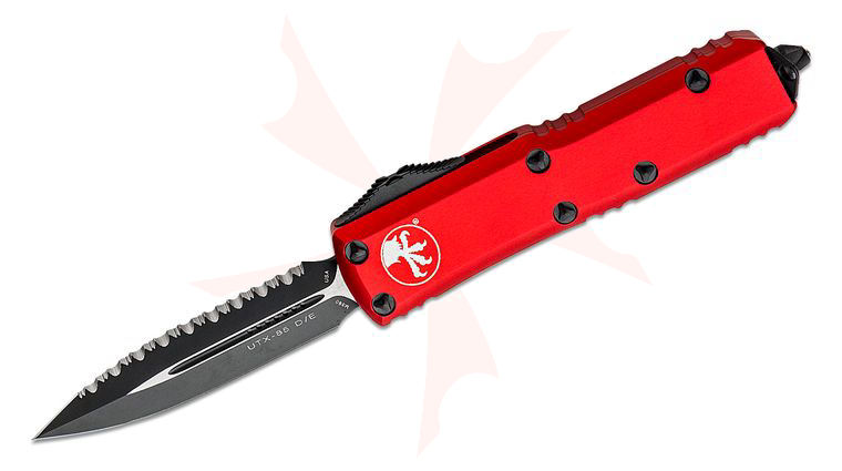 Microtech 232-3RD UTX-85 AUTO OTF Knife 3 inch Black Plain/Serrated Double Edge Blade, Red Aluminum Handles