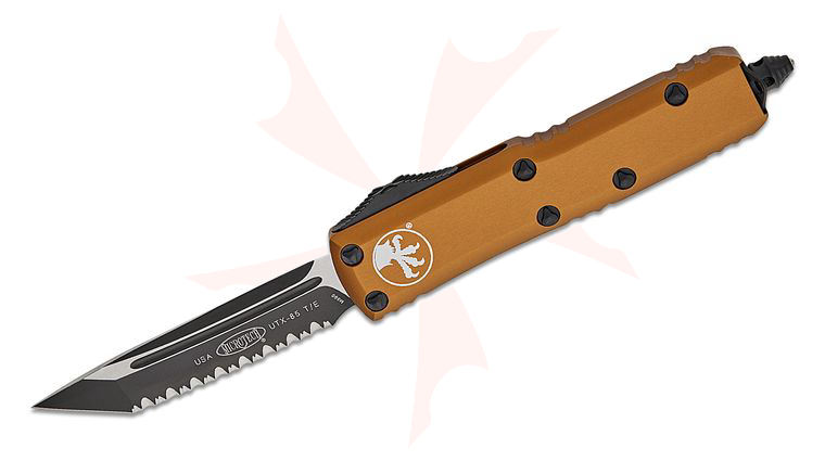 Microtech 233-3TA UTX-85 AUTO OTF 3 inch Black Tanto Serrated Blade, Tan Aluminum Handles