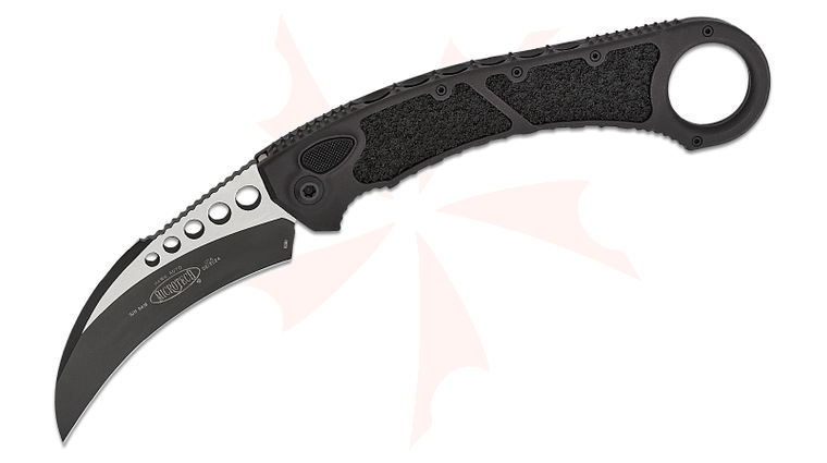 Microtech 266-1T Hawk Karambit Tactical AUTO Folding Knife 3.95 inch Black Plain Blade, Black Aluminum Handles with Textured Inserts and Pinky Ring