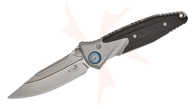 Microtech Socom Bravo Mini Manual Folding Knife 3.5 inch M390 Blasted Clip Point Plain Blade, Bolstered Titanium Handles with Carbon Fiber Scales