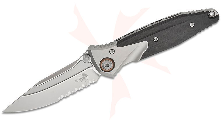 Microtech Socom Bravo Mini Manual Folding Knife 3.5 inch M390 Blasted Clip Point Combo Blade, Bolstered Titanium Handles with Carbon Fiber Scales