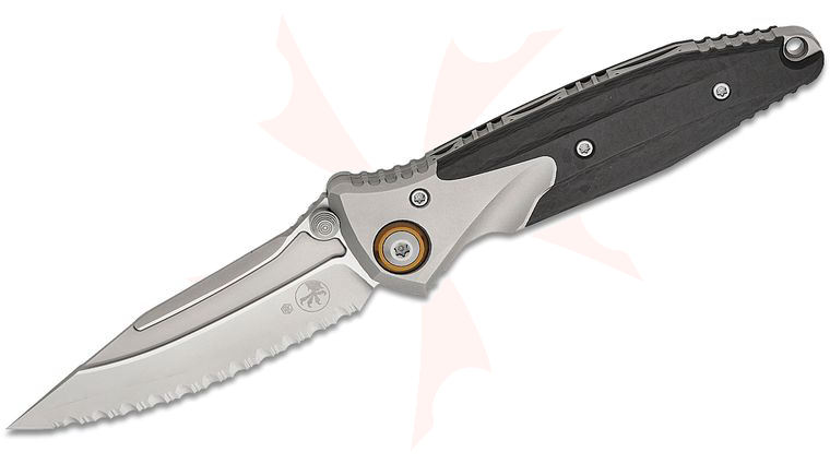Microtech Socom Bravo Mini Manual Folding Knife 3.5 inch M390 Blasted Clip Point Serrated Blade, Bolstered Titanium Handles with Carbon Fiber Scales