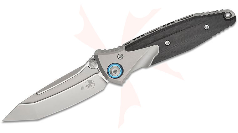 Microtech Socom Bravo Mini Manual Folding Knife 3.5 inch M390 Blasted Tanto Plain Blade, Bolstered Titanium Handles with Carbon Fiber Scales