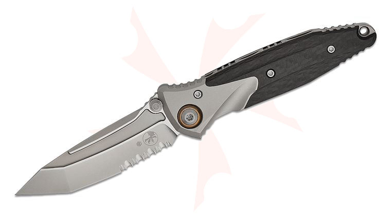 Microtech Socom Bravo Mini Manual Folding Knife 3.5 inch M390 Blasted Tanto Combo Blade, Bolstered Titanium Handles with Carbon Fiber Scales