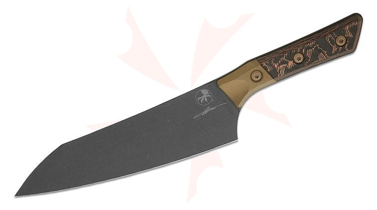 Microtech 3000B-1DLCLWCFS Signature Series Kitchen Chef's Knife 8 inch M390MK Black DLC Blade, Livewire Carbon Fiber Handles with Bronze Titanium Bolsters