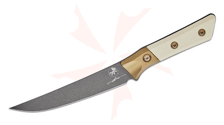 Microtech 3100B-1DLCIVS Signature Series Kitchen Boning Knife 6.25 inch M390MK Black DLC Blade, Ivory G10 Handles with Bronze Titanium Bolsters