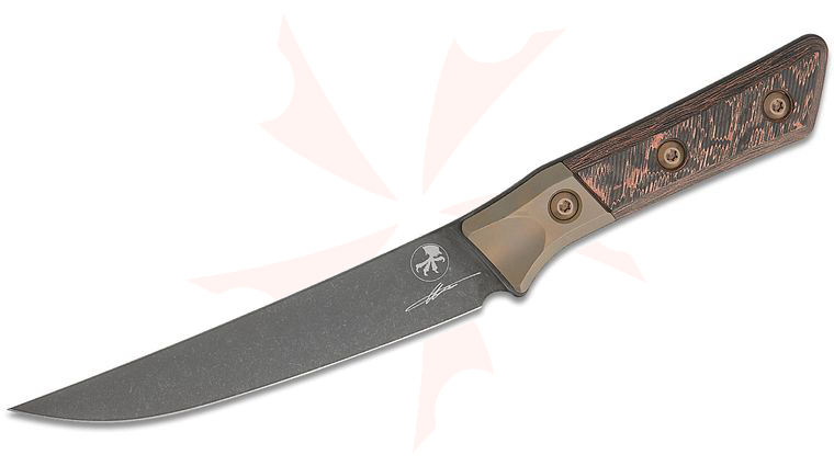 Microtech 3100B-1DLCLWCFS Signature Series Kitchen Boning Knife 6.25 inch M390MK Black DLC Blade, Livewire Copper Carbon Fiber Handles with Bronze Titanium Bolsters
