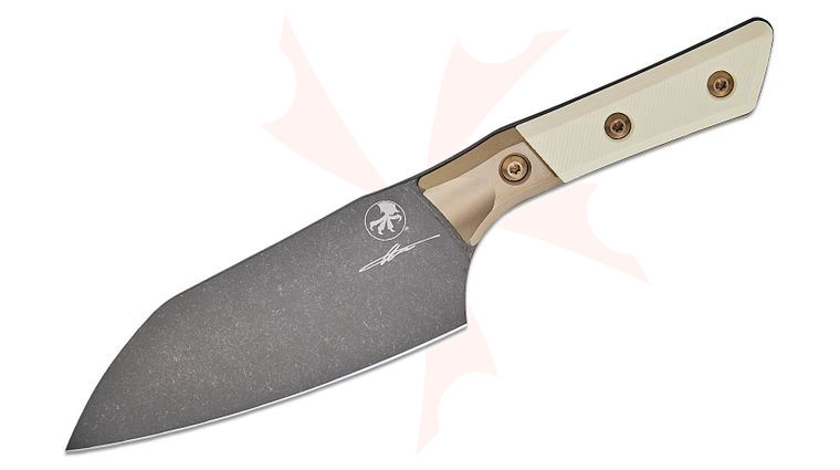 Microtech 3200B-1DLCIVS Signature Series Kitchen Santoku Knife 6 inch M390MK Black DLC Blade, Ivory G10 Handles with Bronze Titanium Bolsters