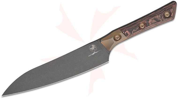 Microtech 3400B-1DLCLWCFS Kitchen Utility Knife 6 inch M390MK Stonewashed Black DLC Blade, Livewire Copper Carbon Fiber Handles with Bronzed Titanium Bolsters