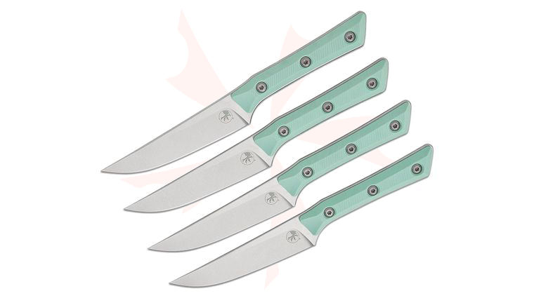 Microtech 3600-10SETCA Kitchen 4-Piece Steak Knife Set, 4.5 inch M390MK Stonewashed Plain Blades, Caribbean Blue G10 Handles