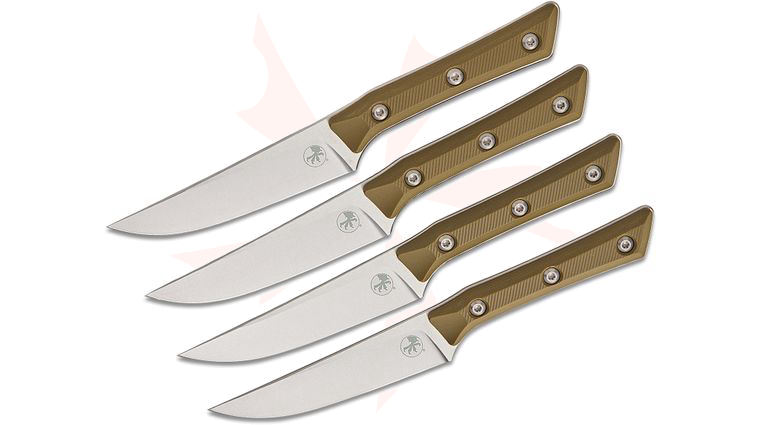 Microtech 3600-10SETOD Kitchen 4-Piece Steak Knife Set, 4.5 inch M390MK Stonewashed Plain Blades, OD Green G10 Handles