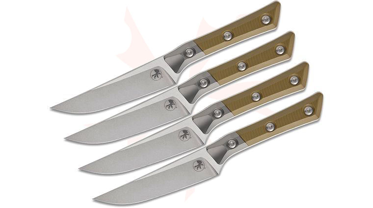 Microtech 3600B-10SETOD Kitchen 4-Piece Steak Knife Set, 4.5 inch M390MK Stonewashed Plain Blades, OD Green G10 Handles with Bead Blast Titanium Bolsters