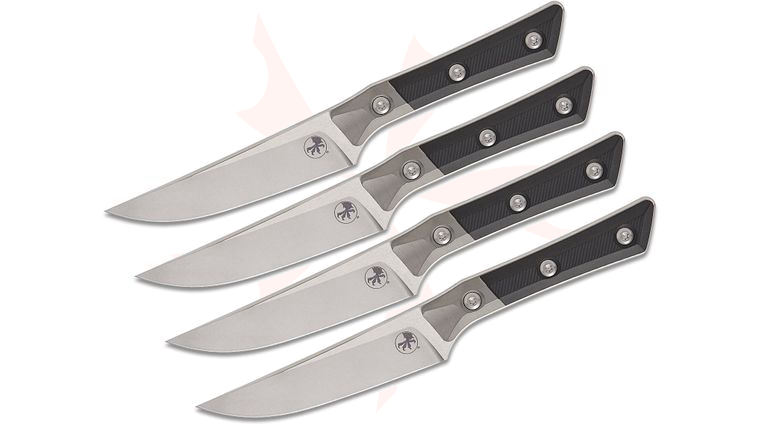 Microtech 3600B-10SETBK Kitchen 4-Piece Steak Knife Set, 4.5 inch M390MK Stonewashed Plain Blades, Black G10 Handles with Bead Blast Titanium Bolsters