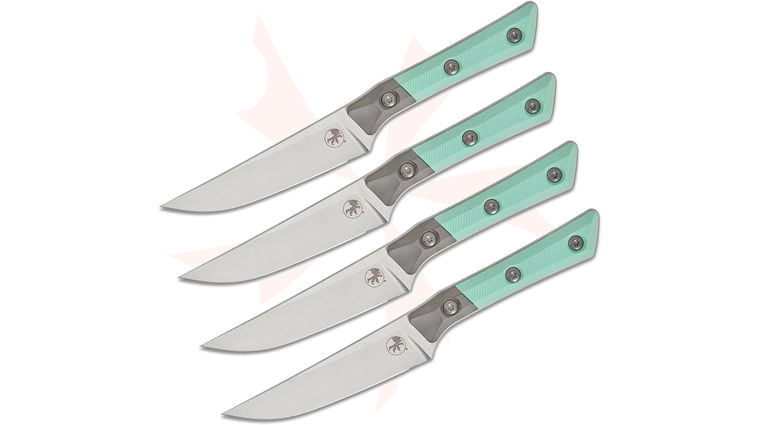 Microtech 3600B-10SETCA Kitchen 4-Piece Steak Knife Set, 4.5 inch M390MK Stonewashed Plain Blades, Caribbean Blue G10 Handles with Bead Blast Titanium Bolsters