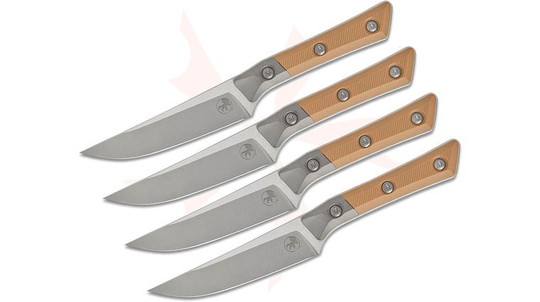 Microtech 3600B-10SETCE Kitchen 4-Piece Steak Knife Set, 4.5 inch M390MK Stonewashed Plain Blades, Coyote Tan G10 Handles with Bead Blast Titanium Bolsters