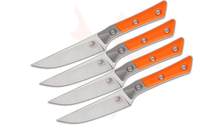 Microtech 3600B-10SETEM Kitchen 4-Piece Steak Knife Set, 4.5 inch M390MK Stonewashed Plain Blades, Ember Orange G10 Handles with Bead Blast Titanium Bolsters
