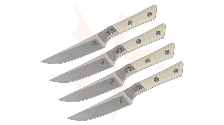 Microtech 3600B-10SETIV Kitchen 4-Piece Steak Knife Set, 4.5 inch M390MK Stonewashed Plain Blades, Ivory G10 Handles with Bead Blast Titanium Bolsters