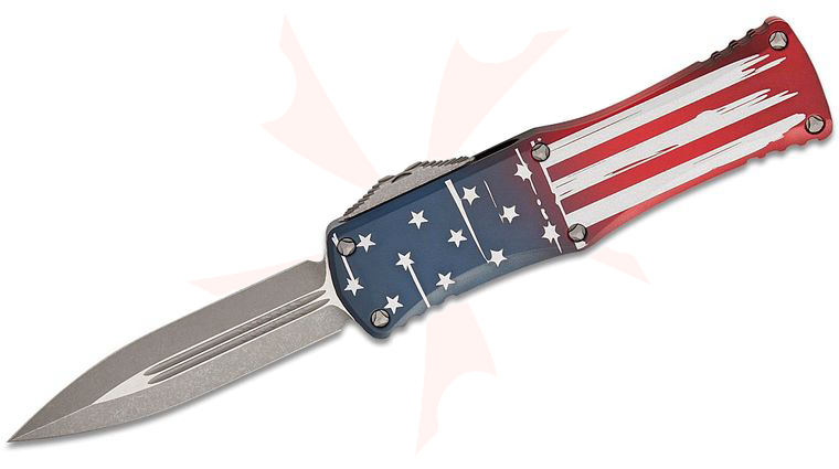 Microtech 702-10APFLAGS Signature Series Hera OTF AUTO Knife 3.125 inch Apocalyptic Double Edge Dagger Blade, USA Flag Aluminum Handles