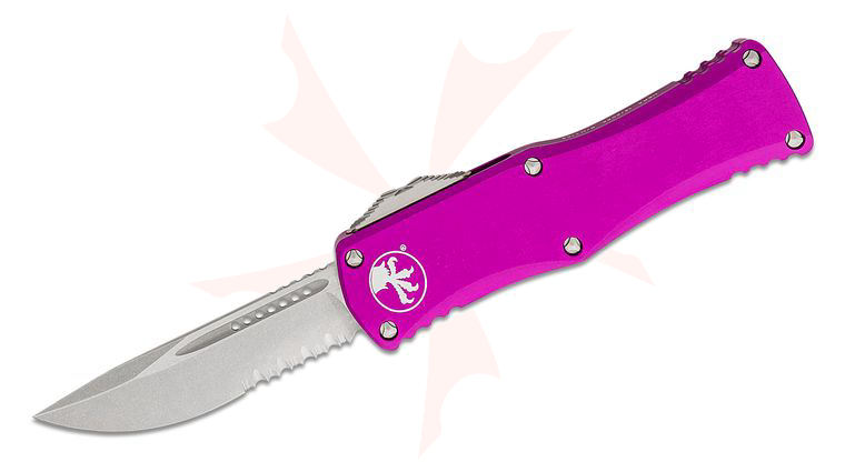 Microtech 703-11VI Hera OTF AUTO Knife 3.125 inch Stonewashed Drop Point Combo Blade, Violet Aluminum Handles