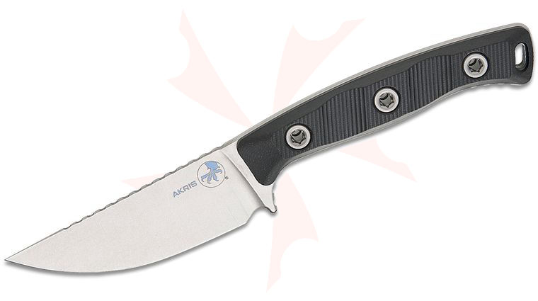 Microtech 95-10BK-1 Akris Fixed Blade Knife 3.7 inch M390MK Stonewashed Drop Point Plain Blade, Milled Black G10 Handles, Dark Chocolate Leather Sheath