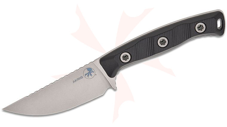 Microtech 95-10BK-5 Akris Fixed Blade Knife 3.7 inch M390MK Stonewashed Drop Point Plain Blade, Milled Black G10 Handles, Black Kydex Sheath