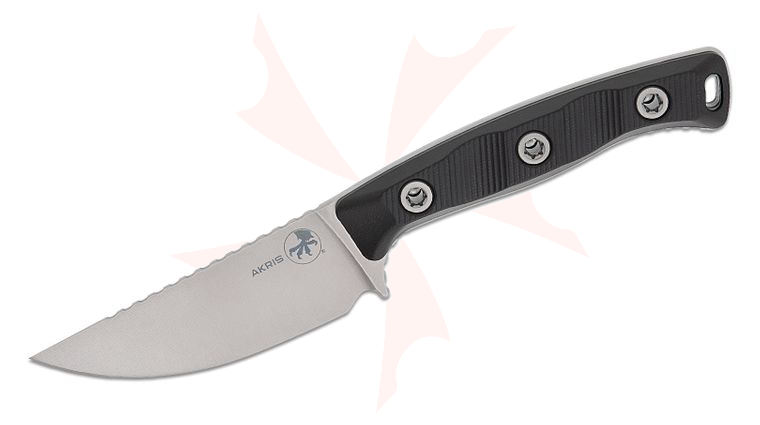 Microtech 95-10BK-6 Akris Fixed Blade Knife 3.7 inch M390MK Stonewashed Drop Point Plain Blade, Milled Black G10 Handles, Tan Kydex Sheath