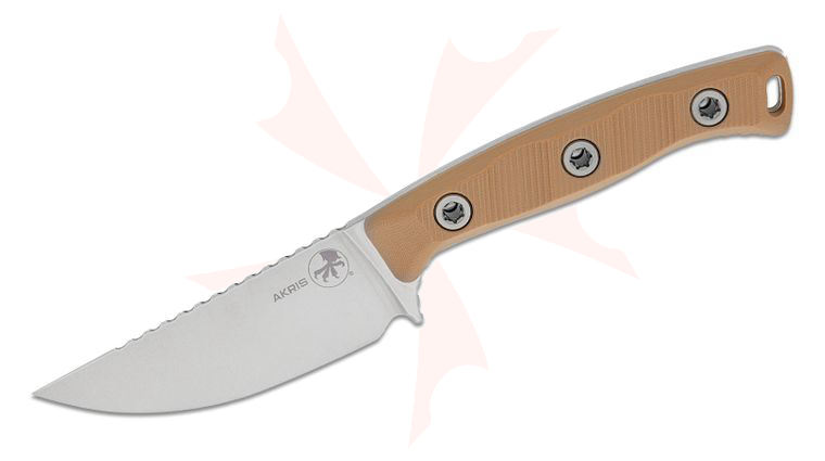 Microtech 95-10DE-6 Akris Fixed Blade Knife 3.7 inch M390MK Stonewashed Drop Point Plain Blade, Milled Dark Earth G10 Handles, Tan Kydex Sheath