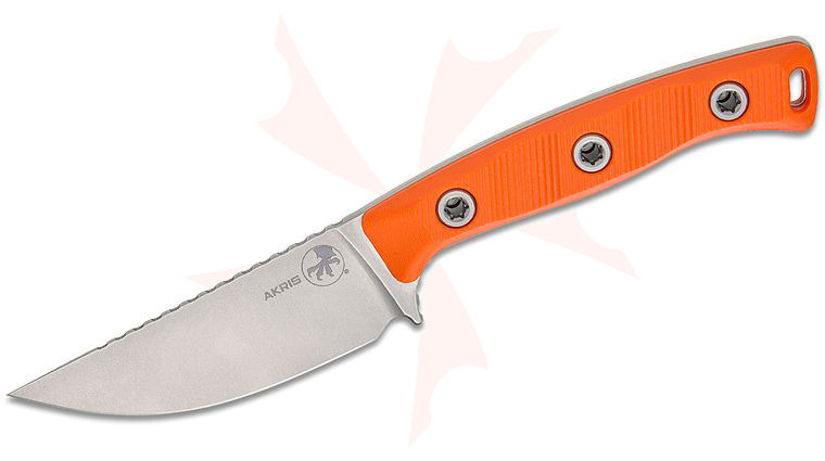 Microtech 95-10EM-1 Akris Fixed Blade Knife 3.7 inch M390MK Stonewashed Drop Point Plain Blade, Milled Ember Orange G10 Handles, Dark Chocolate Leather Sheath
