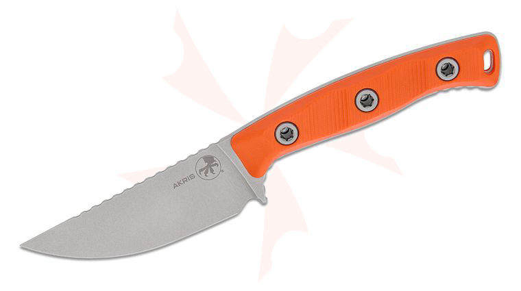 Microtech 95-10EM-2 Akris Fixed Blade Knife 3.7 inch M390MK Stonewashed Drop Point Plain Blade, Milled Ember Orange G10 Handles, Black Leather Sheath