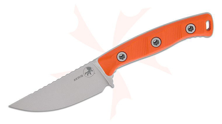 Microtech 95-10EM-5 Akris Fixed Blade Knife 3.7 inch M390MK Stonewashed Drop Point Plain Blade, Milled Ember Orange G10 Handles, Black Kydex Sheath