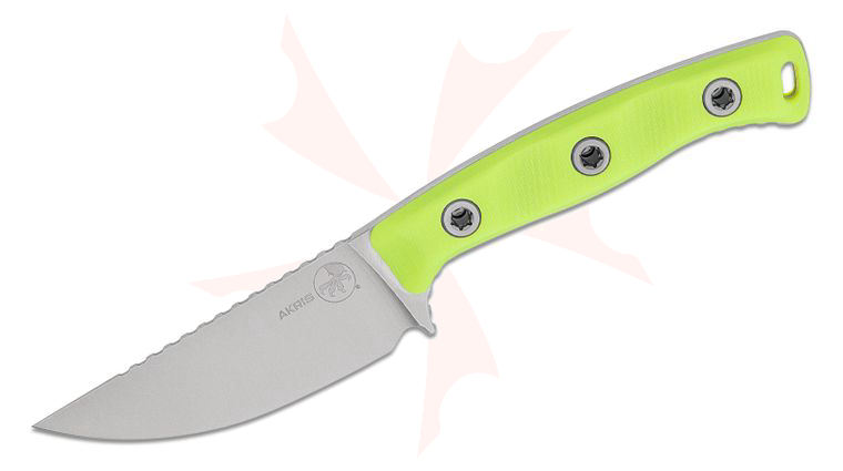 Microtech 95-10HV-5 Akris Fixed Blade Knife 3.7 inch M390MK Stonewashed Drop Point Plain Blade, Milled High Visibility G10 Handles, Black Kydex Sheath
