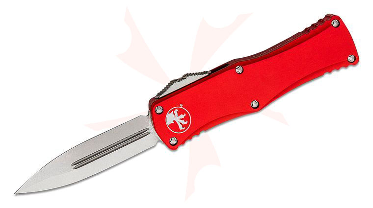 Microtech 702-10RD Hera OTF AUTO Knife 3.125 inch Stonewashed Double Edge Dagger Blade, Red Aluminum Handles