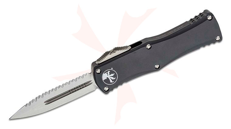 Microtech 702-12 Hera OTF AUTO Knife 3.125 inch Stonewashed Plain/Serrated Double Edge Dagger Blade, Black Aluminum Handles