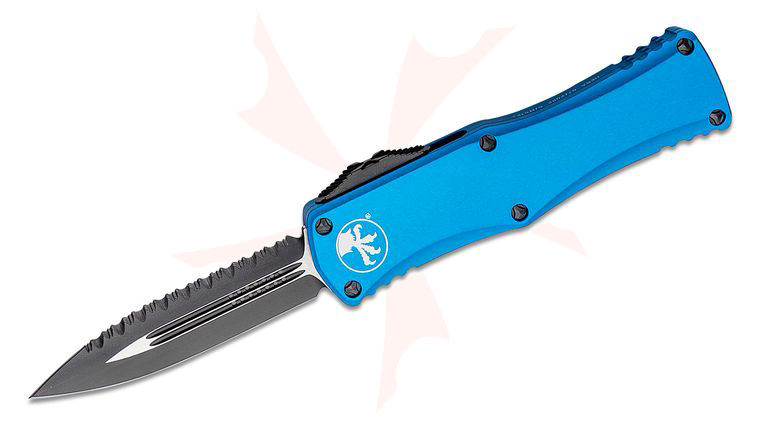 Microtech 702-3BL Hera OTF AUTO Knife 3.125 inch Black Plain/Serrated Double Edge Dagger Blade, Blue Aluminum Handles