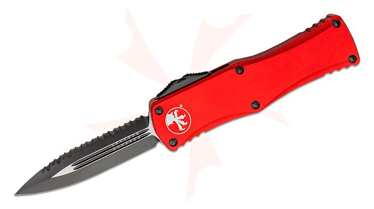 Microtech 702-3RD Hera OTF AUTO Knife 3.125 inch Black Plain/Serrated Double Edge Dagger Blade, Red Aluminum Handles