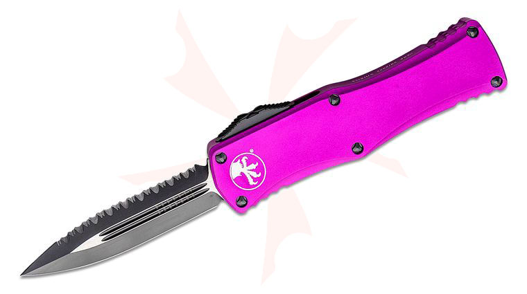 Microtech 702-3VI Hera OTF AUTO Knife 3.125 inch Black Plain/Serrated Double Edge Dagger Blade, Violet Aluminum Handles