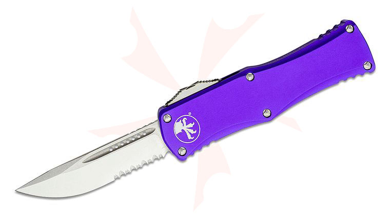 Microtech 703-11PU Hera OTF AUTO Knife 3.125 inch Stonewashed Drop Point Combo Blade, Purple Aluminum Handles