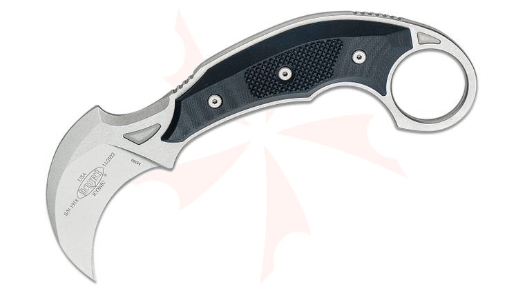Microtech/Bastinelli Creations 118-10 R Iconic Fixed Blade Knife 2.25 inch Stonewashed Karambit Blade, Black G10 Handles, Right Hand Carry Kydex Sheath