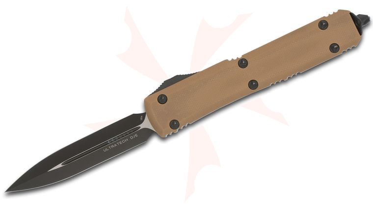 Microtech 122-1GTTA Ultratech Tactical AUTO OTF 3.46 inch Black Double Edge Dagger Blade, Tan G10 and Black Aluminum Handles
