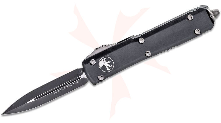 Microtech 122-1 Ultratech AUTO OTF Knife 3.46 inch Black Plain Double Edge Dagger Blade, Black Aluminum Handle