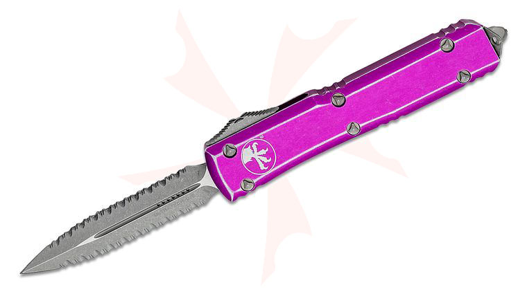 Microtech 122-D12DVI Ultratech AUTO OTF 3.46 inch Apocalyptic Double Serrated Edge Dagger Blade, Distressed Violet Aluminum Handles