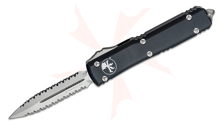 Microtech 122-D12 Ultratech AUTO OTF 3.46 inch Stonewashed Double Serrated Edge Dagger Blade, Black Aluminum Handles